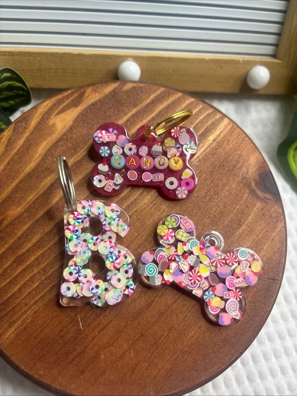 Kids Candy-Pattern Resin Initial & Bone Keychains - Pink Multicolor